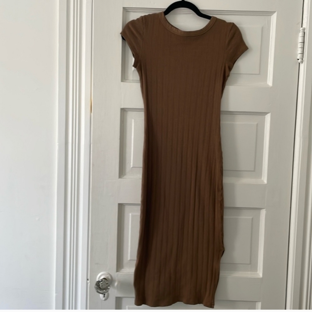 Enza Costa Elegant Brown Ribbed Dress Cotton Blend Xsmall